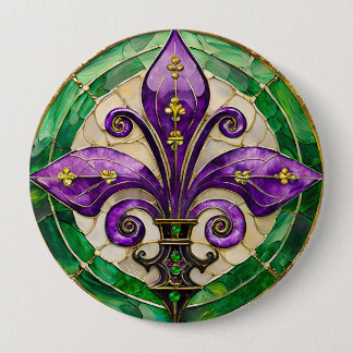 Bóton Redondo 10.16cm Mardi Gras StainGlass Fleur de lis