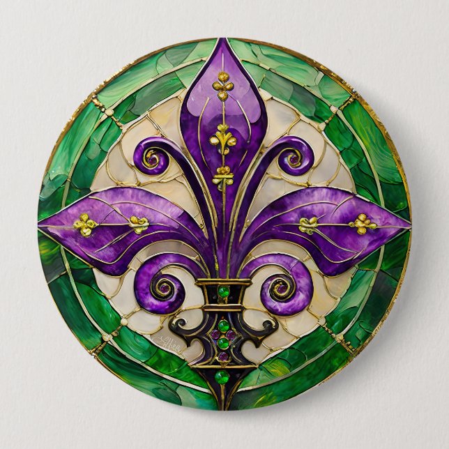 Bóton Redondo 10.16cm Mardi Gras StainGlass Fleur de lis (Frente)