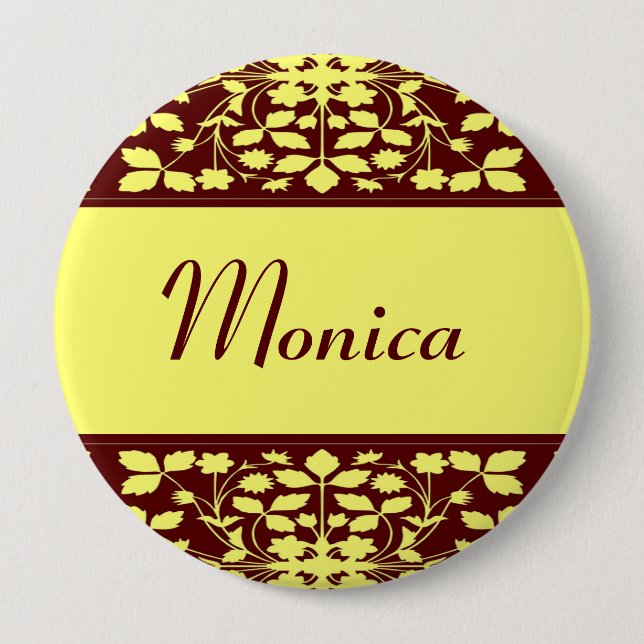 Bóton Redondo 10.16cm Nome personalizado amarelo floral e castanho (Frente)