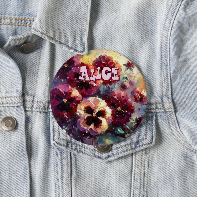 Bóton Redondo 10.16cm Pansias Florais Impressionistas Maroon Personaliza (In Situ)