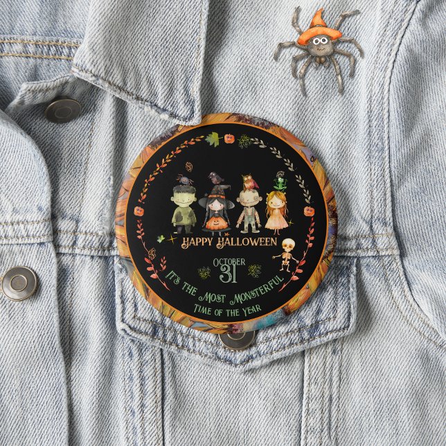 Bóton Redondo 10.16cm Partido dos Monstros do Dia das Bruxas - Laranja (Halloween Monsters Party Orange Button)