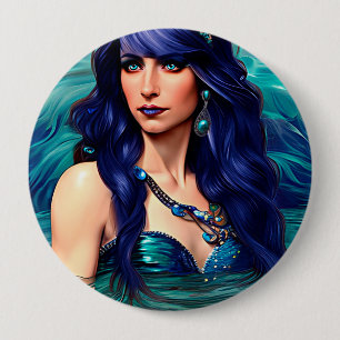 Bóton Redondo 10.16cm Peixes Azul Sereia Rainha Original Arte Fantástica