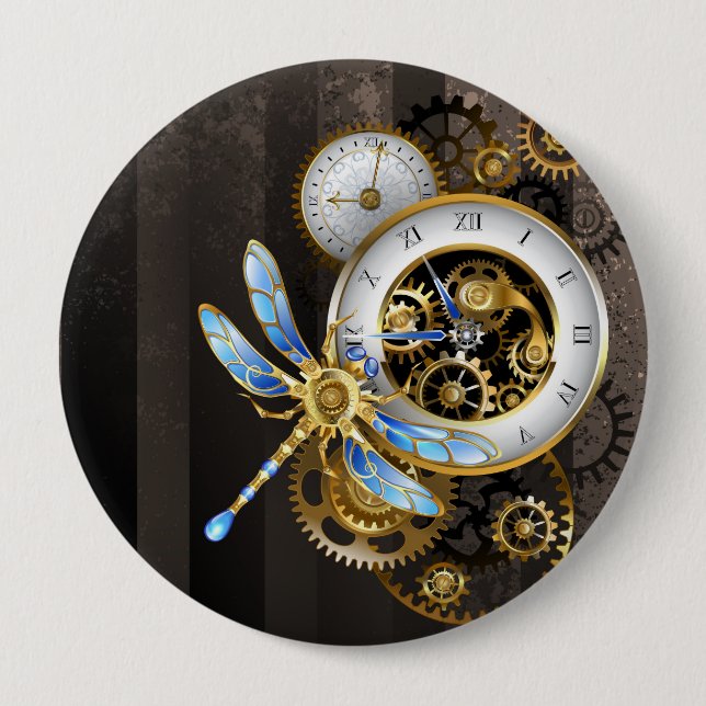 Bóton Redondo 10.16cm Relógio Steampunk com Dragonfly Mecânica (Frente)