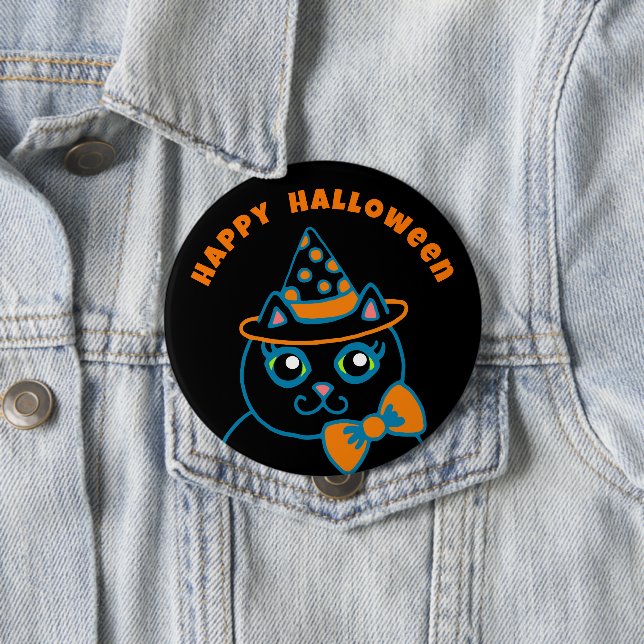 Bóton Redondo 10.16cm Retro Happy Halloween Black Cat Button  (In Situ)