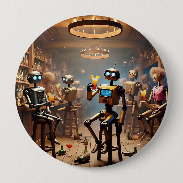 Bóton Redondo 10.16cm robots having fun in a bar (Frente)