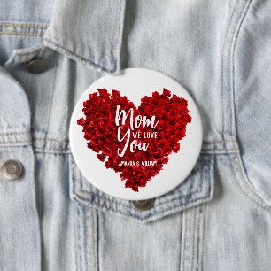 Bóton Redondo 10.16cm Rosa vermelha Heart Te Ama Dia de as mães Mãe