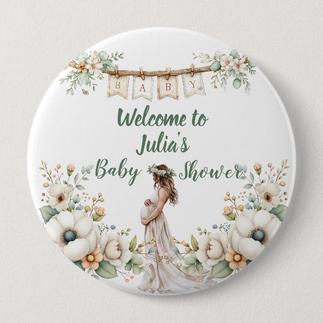Bóton Redondo 10.16cm Rustic Floral Baby Shower  (Frente)
