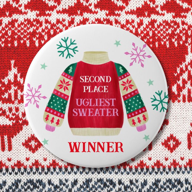 Bóton Redondo 10.16cm segundo Place Ugly Sweater Prêmio do Concurso (2nd Place Ugly Sweater Contest Prize Winner Button)