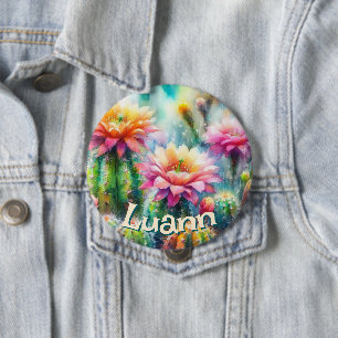 Bóton Redondo 10.16cm Suculentas Cactos Floridos Aquarela Personalizados