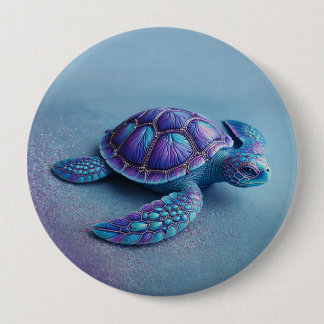 Bóton Redondo 10.16cm Teal Blue Purple Turtle Colorful Sea Turtle