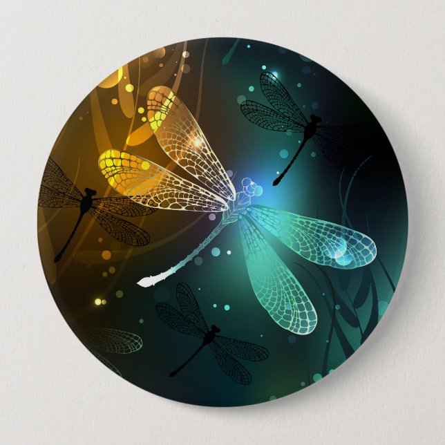 Bóton Redondo 10.16cm Voo luminoso verde de libélula (Frente)