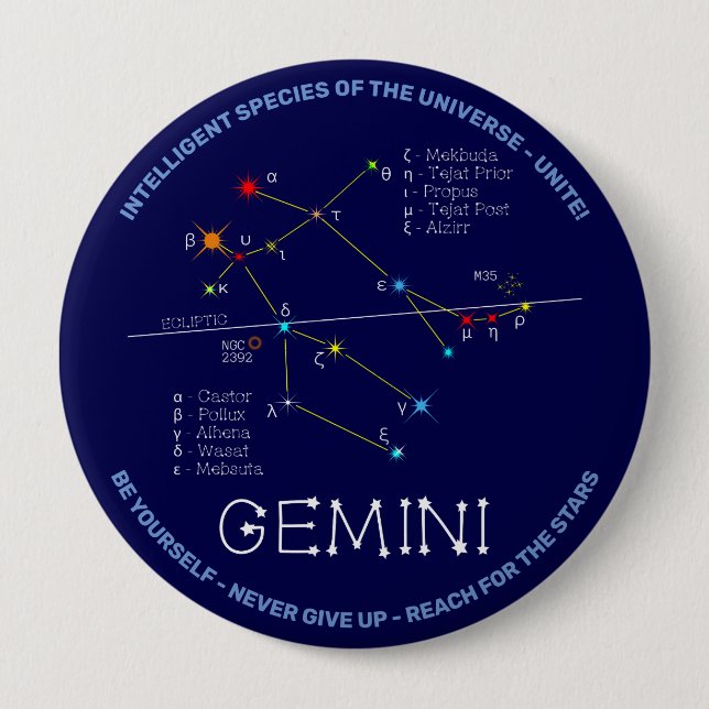 Bóton Redondo 10.16cm Zodiac Constelação Gemini (Frente)