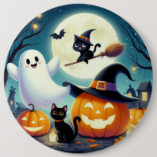 Bóton Redondo 15.24cm Abóbora, gata e fantasma do Halloween