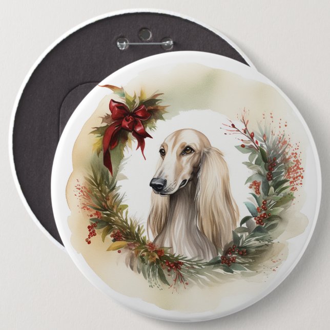 Bóton Redondo 15.24cm Afghan Hound Christmas Wreath Festivo Pup (Frente & Verso)