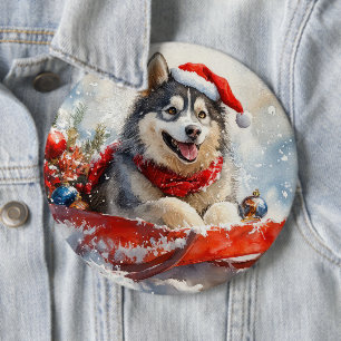 Bóton Redondo 15.24cm Alaskan Malamute em Sledge Deixe-o nevar no Natal