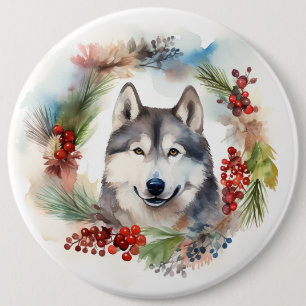 Bóton Redondo 15.24cm Alaskan Malamute, Festivo Wreath Christmas Pup