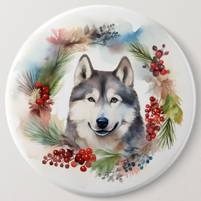 Bóton Redondo 15.24cm Alaskan Malamute, Festivo Wreath Christmas Pup (Frente)