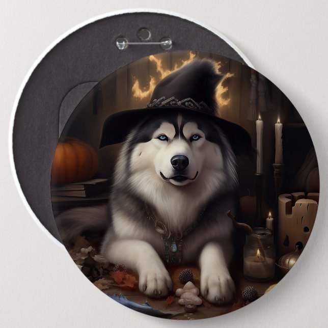 Bóton Redondo 15.24cm Alaskan Malamute Pumpkins Halloween Scary (Frente & Verso)