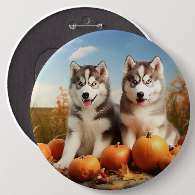 Bóton Redondo 15.24cm Alaskan Malamute Puppy Autumn Delight Pumpkin (Frente & Verso)