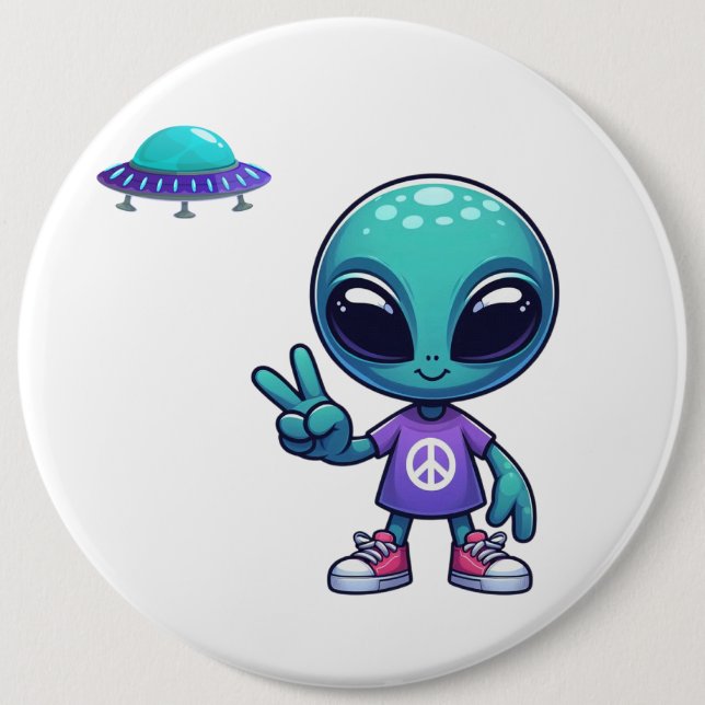 Bóton Redondo 15.24cm Alienígena de paz e nave espacial (Frente)
