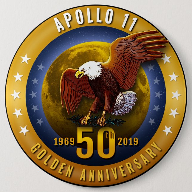Bóton Redondo 15.24cm Aniversário Eagle dourado de Apollo 11 50th e lua (Frente)