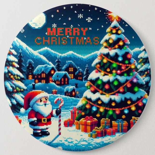 Bóton Redondo 15.24cm Árvore de Natal de 8 bits e Papais noeis (Frente)