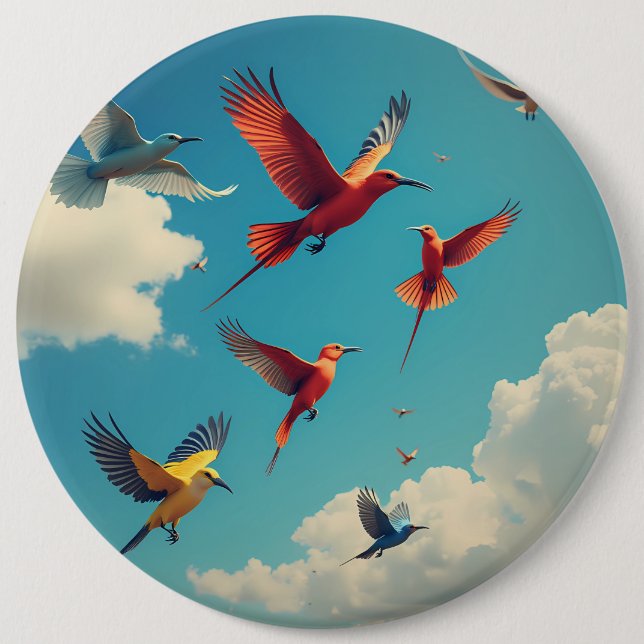Bóton Redondo 15.24cm Aves coloridas num céu azul (Frente)