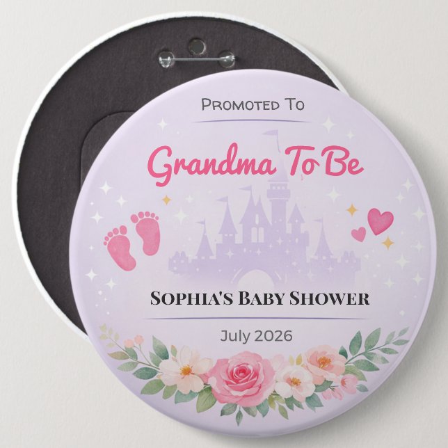 Bóton Redondo 15.24cm Baby Shower Pin | Promoted Grandma | Party Favor (Frente & Verso)