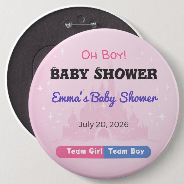 Bóton Redondo 15.24cm Baby Shower Pin | Team Girl | Team Boy | Favor (Frente & Verso)