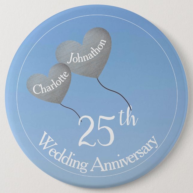 Bóton Redondo 15.24cm Balões cardíacos do 25 Silver aniversário no céu (Frente)