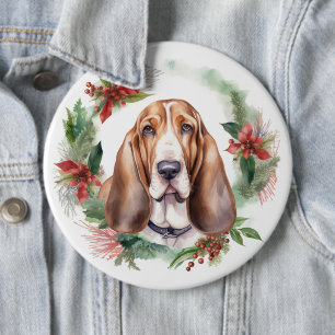 Bóton Redondo 15.24cm Basset Hound Christmas Wreath Festivo Pup