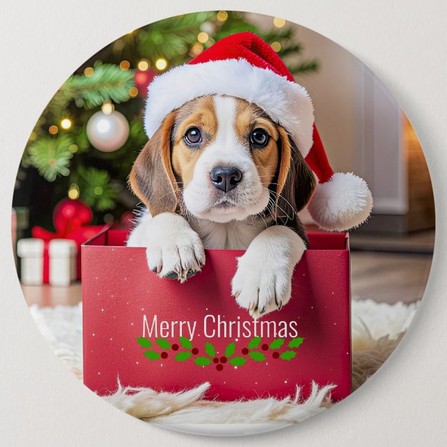 Bóton Redondo 15.24cm Beagle Puppy Christmas Design, (Frente)