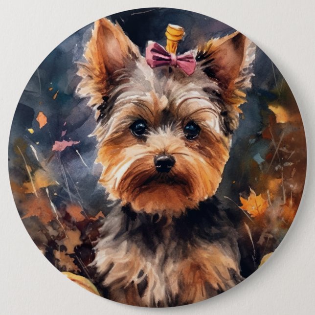 Bóton Redondo 15.24cm Biewer Terrier de Halloween com Abóboras Assustado (Frente)