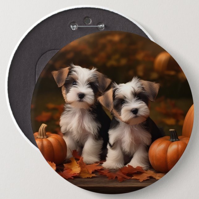 Bóton Redondo 15.24cm Biewer Terrier Puppy Autumn Delight Pumpkin (Frente & Verso)