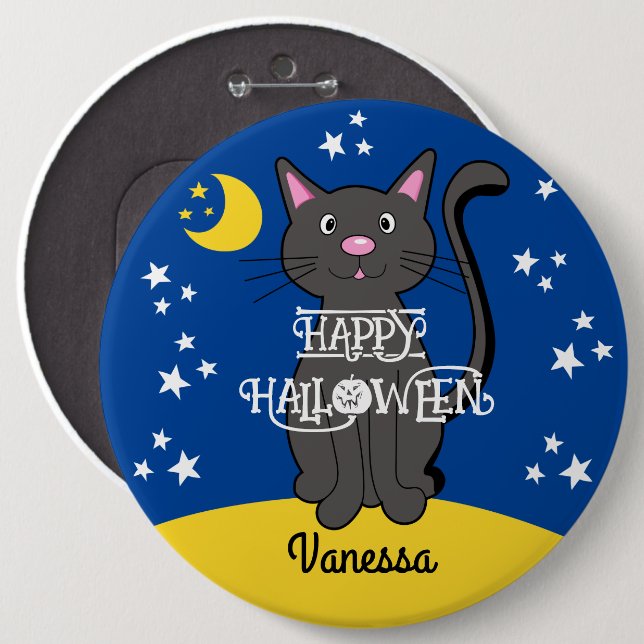 Bóton Redondo 15.24cm Black Cat Halloween Stars Moon Cuecas (Frente & Verso)