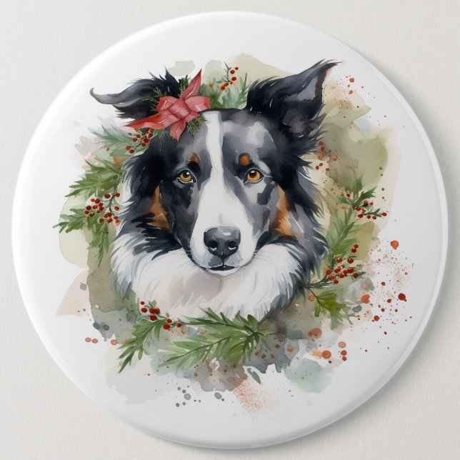 Bóton Redondo 15.24cm Border Collie Christmas Wreath Festivo Pup (Frente)