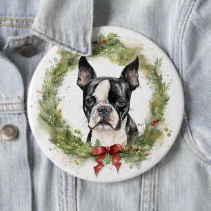 Bóton Redondo 15.24cm Boston Terrier Christmas Wreath Festivo Pup