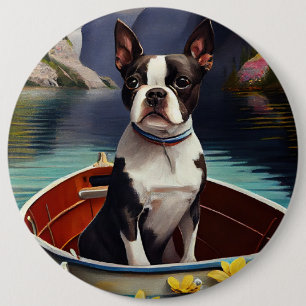 Bóton Redondo 15.24cm Boston Terrier em uma Canoa: Uma Aventura Cênica