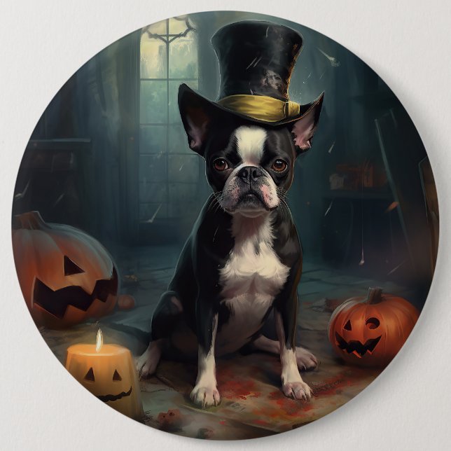 Bóton Redondo 15.24cm Boston Terrier Pumpkins Halloween Assustado (Frente)