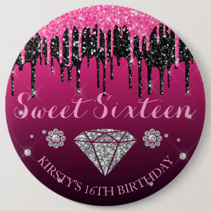 Bóton Redondo 15.24cm Brilho Rosa e Preto Gotejante Diamante Sweet Sixte