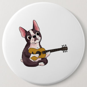 Bóton Redondo 15.24cm Buldogue Francês Tocando Violão Engraçado Guitarri