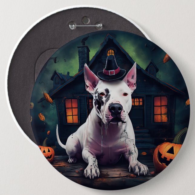 Bóton Redondo 15.24cm Bull Terrier Pumpkins Halloween Scary (Frente & Verso)