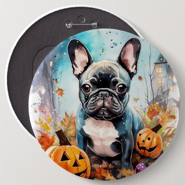 Bóton Redondo 15.24cm Bulldog Francês Halloween Com Pumpkins Assustado (Frente & Verso)