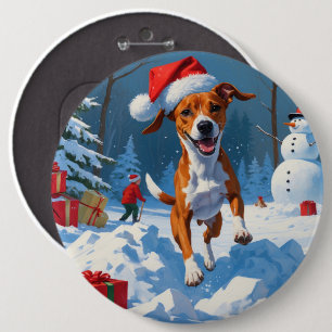 Bóton Redondo 15.24cm Cachorro Basenji Brincando na Neve Cena de Inverno