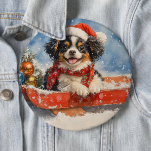 Bóton Redondo 15.24cm Cachorro Chin Japonês no Trenó Deixe Nevar Natal