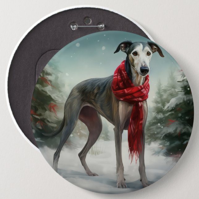 Bóton Redondo 15.24cm Cachorro Greyhound no Natal da Neve (Frente & Verso)