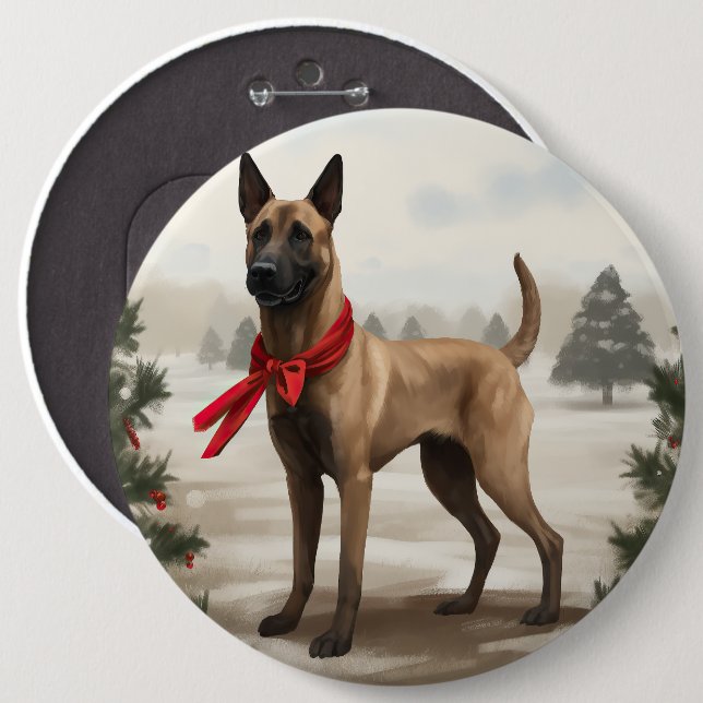 Bóton Redondo 15.24cm Cachorro Malinois belga no Natal da neve (Frente & Verso)
