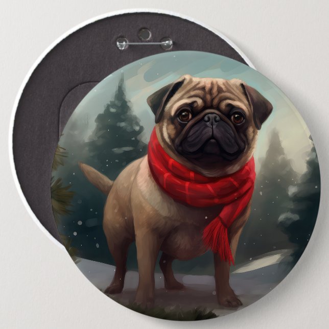 Bóton Redondo 15.24cm Cachorro Pug na Neve Natal (Frente & Verso)