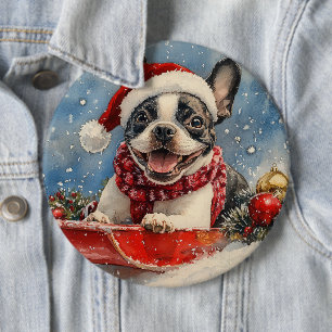 Bóton Redondo 15.24cm Cão Boston Terrier no Trenó Deixe Nevar Natal