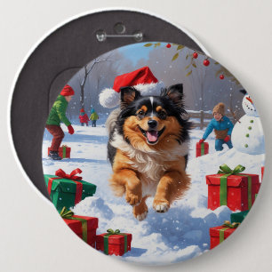 Bóton Redondo 15.24cm Cão Keeshond Correndo na Neve com Chapéu de Natal